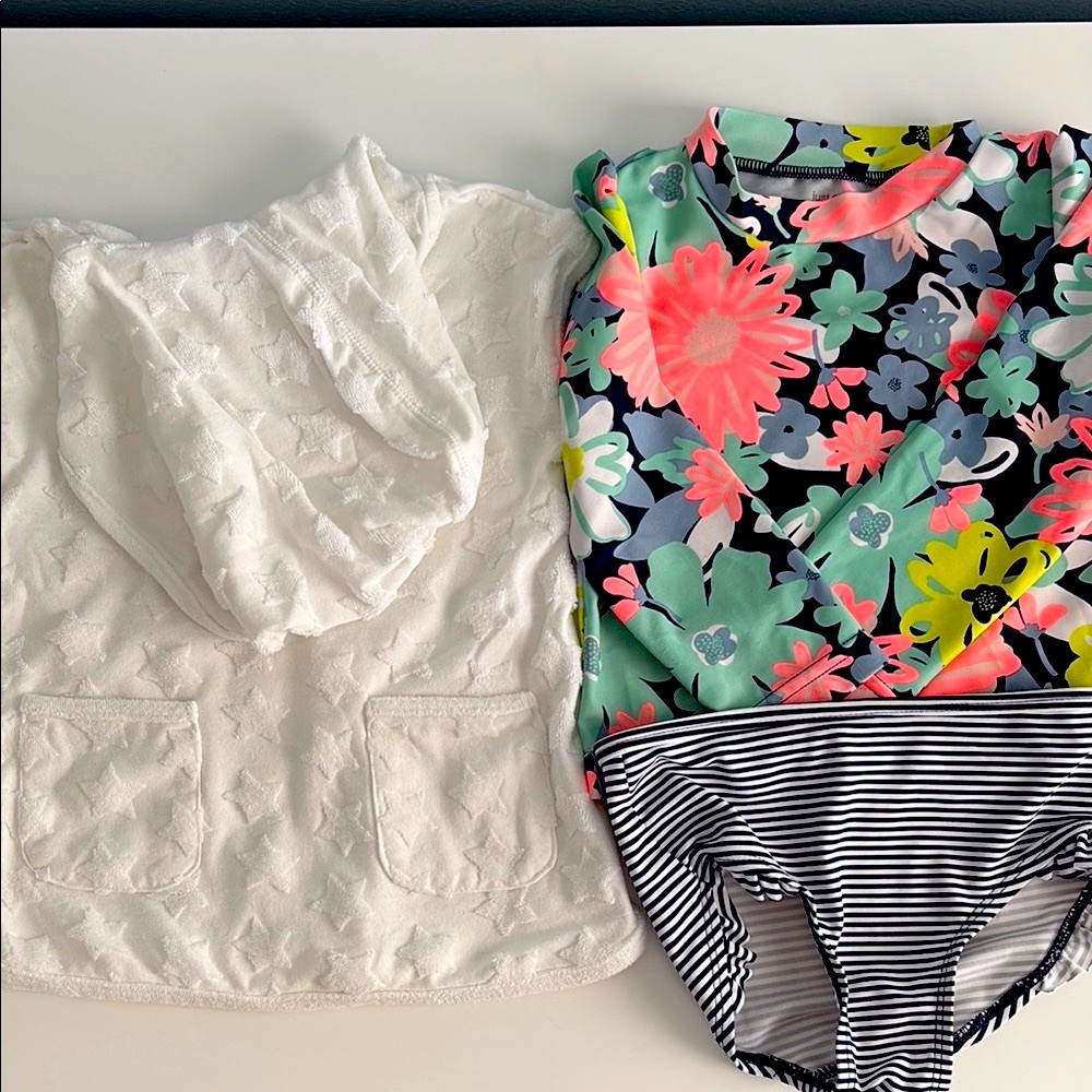 Floral and Striped Swimsuit Two Piece Rashguard with White Cover-Up